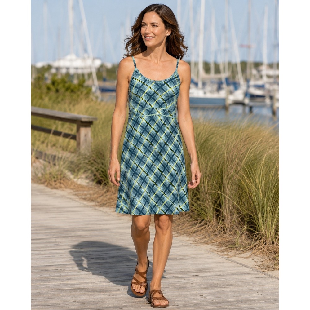 Title Nine Womens Teal Lime Green Plaid Athletic Dress Built-In Bra Pocket L